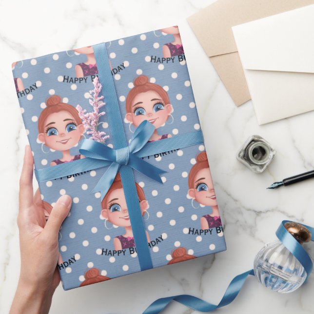 Cartoon Birthday Girl with Big Eyes   Wrapping Paper (Gifting)