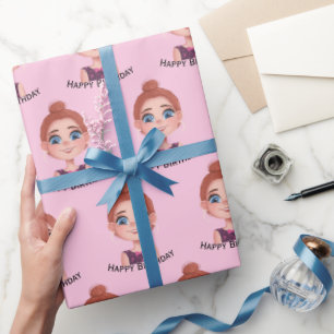 Cartoon Birthday Girl with Big Eyes  Wrapping Paper