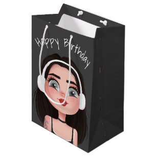 Cartoon Birthday Girl With Headphones Medium Gift Bag