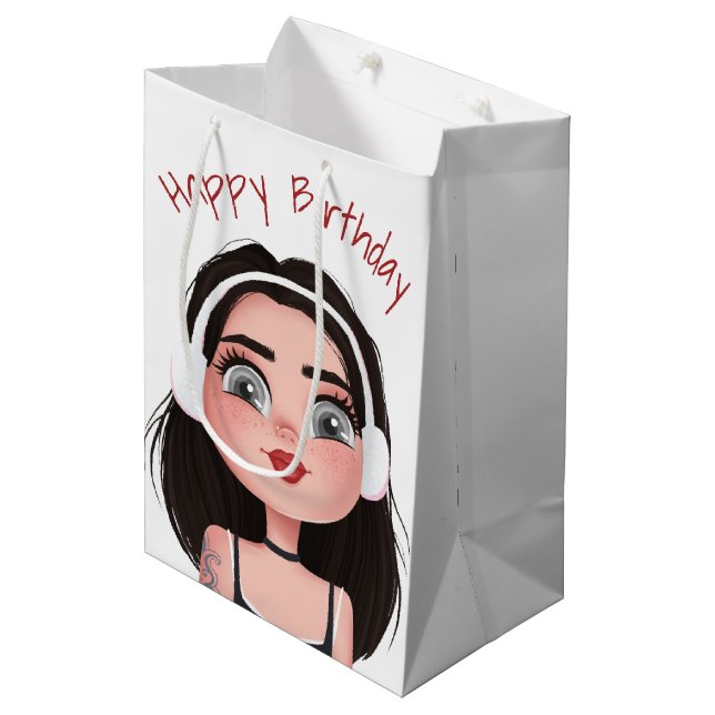 Cartoon Birthday Girl With Headphones Medium Gift Bag (Front Angled)