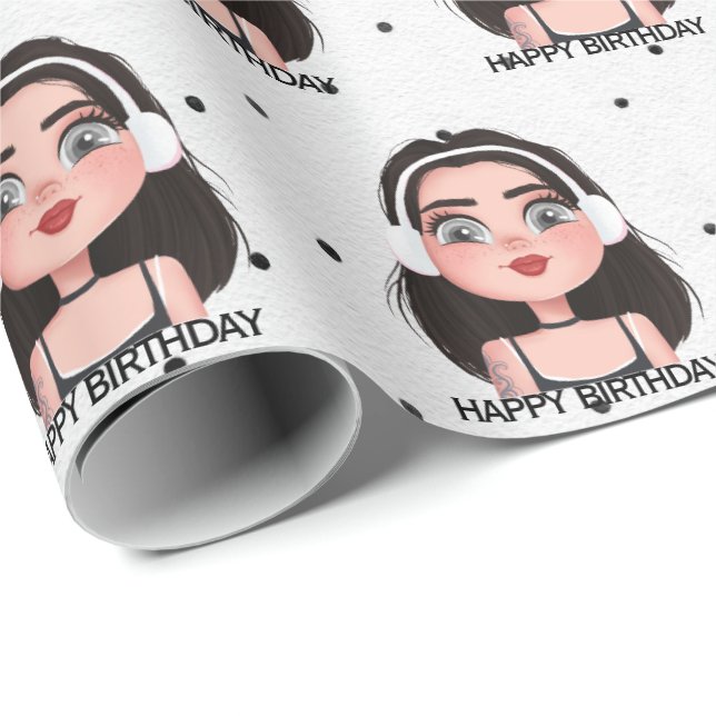 Cartoon Birthday Girl with Headphones  Wrapping Paper (Roll Corner)