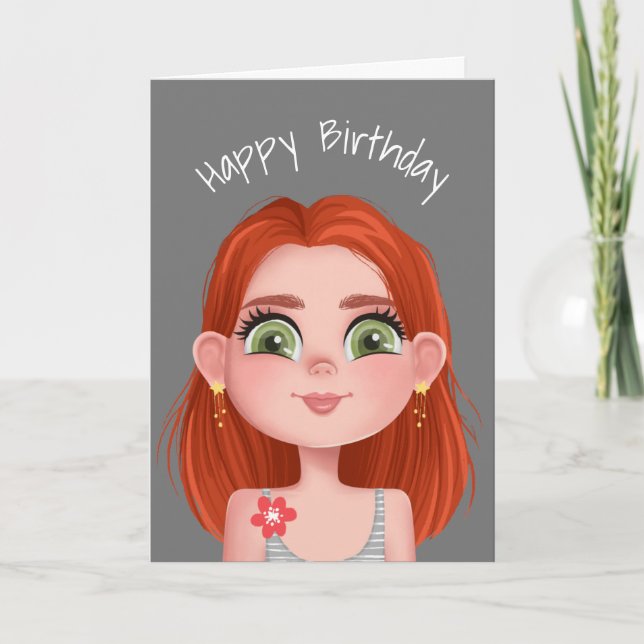Cartoon Birthday Redhead Girl On Grey  Card (Front)
