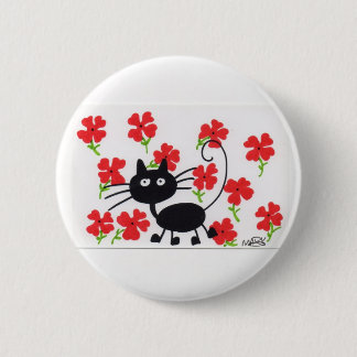Cartoon Black Cat and red flowers 6 Cm Round Badge
