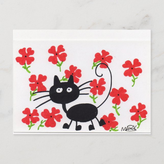 Cartoon Black Cat and red flowers Postcard (Front)
