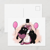 Cartoon black Cats party with Balloons and Wine