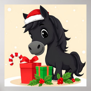 Cartoon Black Horse Santa Hat Christmas Wall Decor