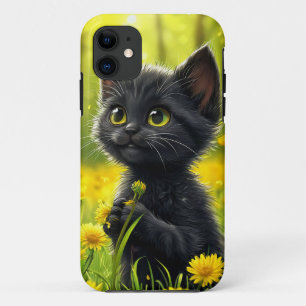 Cartoon Black Kitten with Dandelion Cute Animal Case-Mate iPhone Case