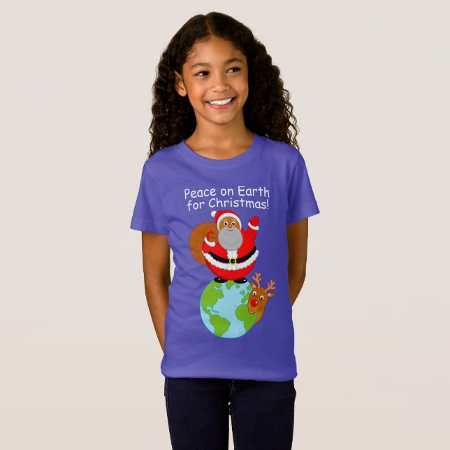 Cartoon Black Santa Claus standing on the Earth, T-Shirt (Front Full)