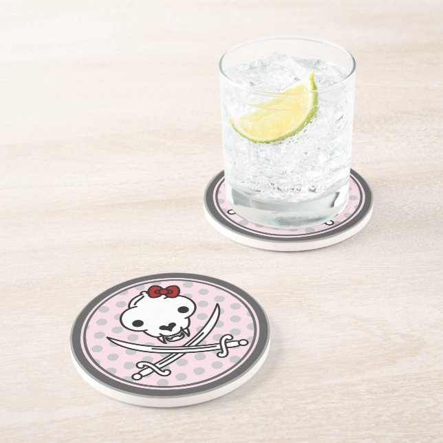 Cartoon Black White Jolly Kitty Pirate Skull Bones Coaster (Side)