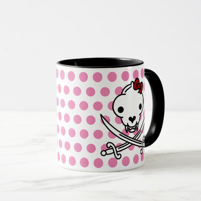 Cartoon Black White Jolly Kitty Pirate Skull Bones Mug (Front Right)