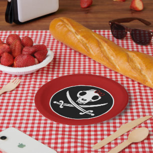 Cartoon Black White Jolly Kitty Pirate Skull Bones Paper Plate