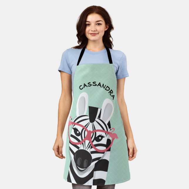 Cartoon Black White Zebra Flamingo Sunglasses Name Apron (Worn)