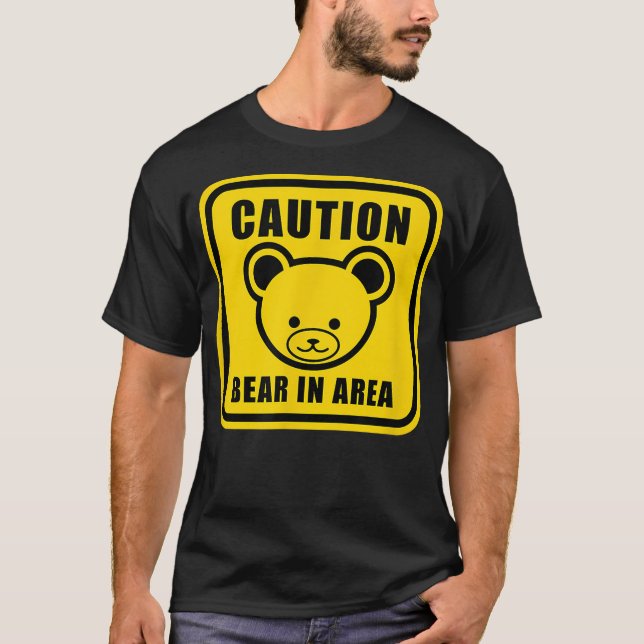 Cartoon Black Yellow Teddy Bear Warning Sign Graph T-Shirt (Front)