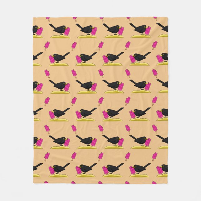 Cartoon Blackbird Eating A Ice Cream Pattern Fleece Blanket (Front)