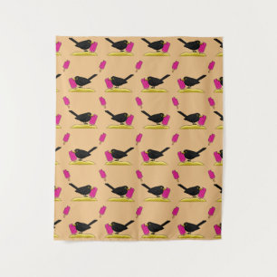 Cartoon Blackbird Eating A Ice Cream Pattern Tapestry
