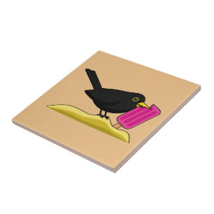 Cartoon Blackbird Eating A Ice Cream Tile