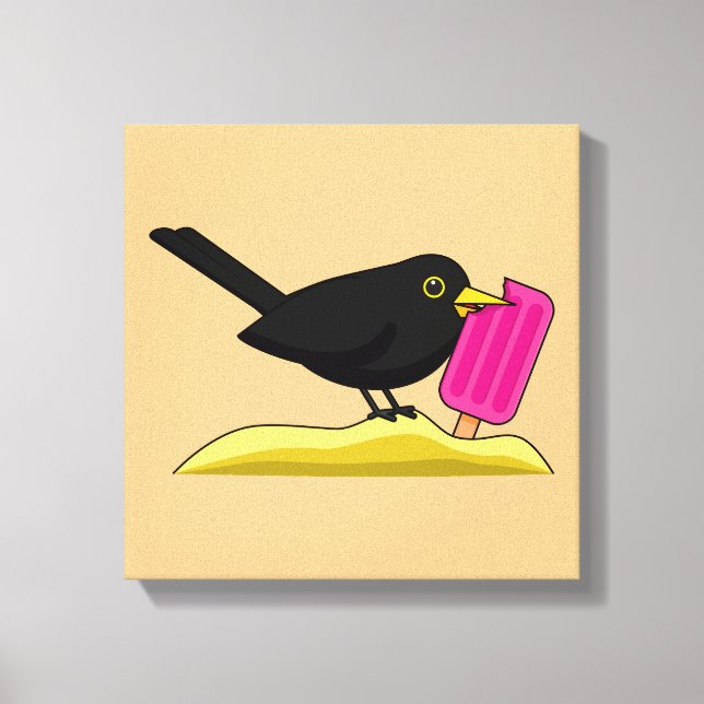Cartoon Blackbird Eating An Ice Cream Canvas Print (Front)