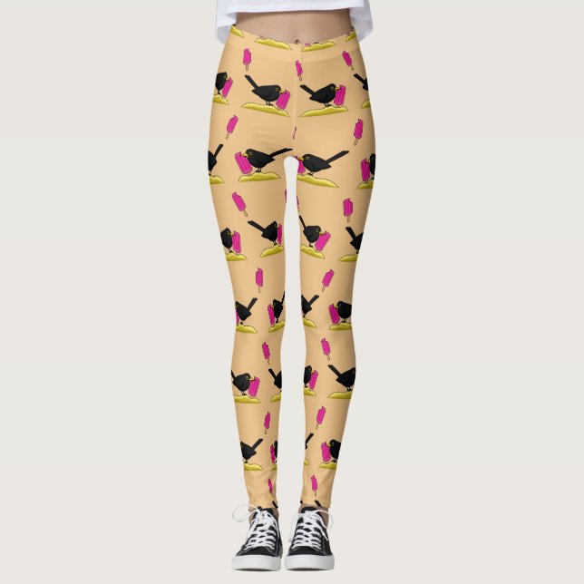 Cartoon Blackbird Eating An Ice Cream Pattern Leggings (Front)