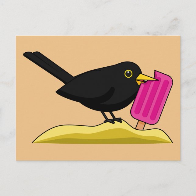 Cartoon Blackbird Eating An Ice Cream Postcard (Front)