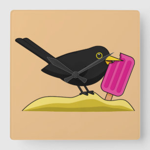 Cartoon Blackbird Eating An Ice Cream Square Wall Clock