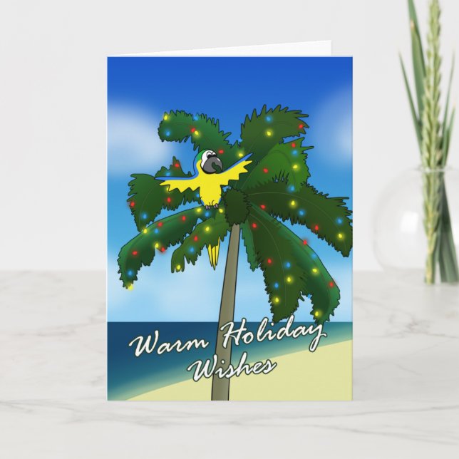 Cartoon Blue and Gold Macaw Christmas Card (Front)