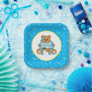 Cartoon blue and yellow Teddy Bear Baby Shower Paper Plate