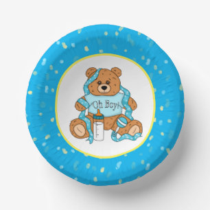 Cartoon blue and yellow Teddy Bear Baby Shower Paper Plate