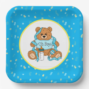 Cartoon blue and yellow Teddy Bear Baby Shower Paper Plate