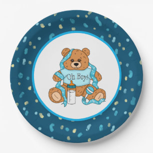 Cartoon blue and yellow Teddy Bear Baby Shower Paper Plate