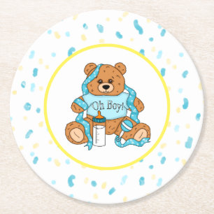 Cartoon blue and yellow Teddy Bear Baby Shower Round Paper Coaster