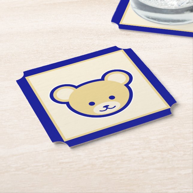 Cartoon Blue Beige Teddy Bear Cute Funny Paper Coaster (Angled)