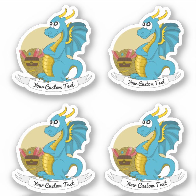 Cartoon blue dragon with treasure and text sticker (Front)