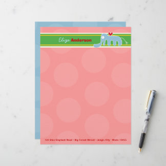 Cartoon Blue Elephant Fun Pink Dots Kids Children Personalized Letterhead