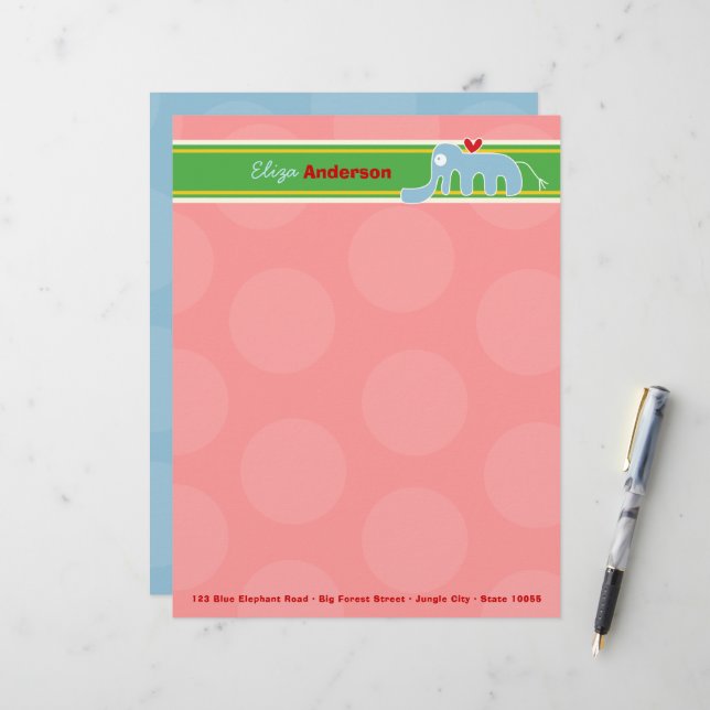 Cartoon Blue Elephant Fun Pink Dots Kids Children Personalized Letterhead (Front/Back In Situ)