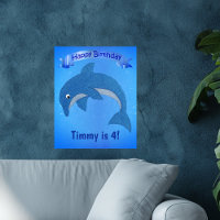 Cartoon Blue Jumping Dolphin Ribbon Kids Birthday