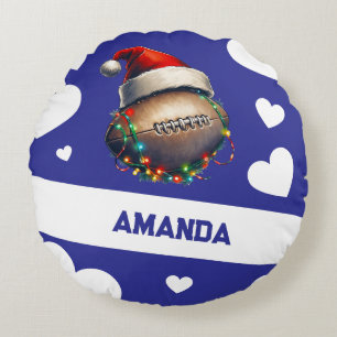 Cartoon Blue Merry American Football Name Round Cushion