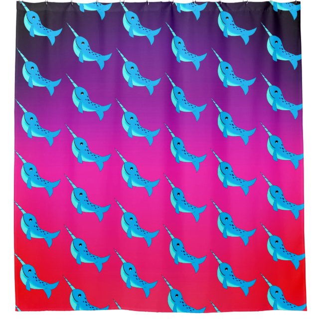 Cartoon blue narwhals pattern on Navy Blue Shower Curtain (Front)
