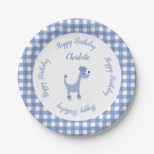 Cartoon blue poodle Posh Paws gingham birthday Paper Plate