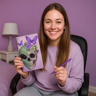 Cartoon book with alien, skull and butterfly -