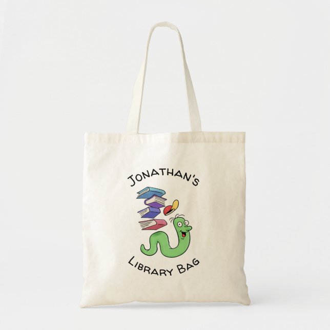 Cartoon Bookworm Carrying Books With Your Name Tote Bag (Front)