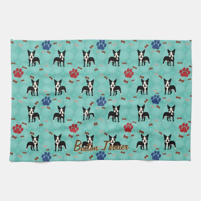 Cartoon Boston Terrier Tea Towel (Horizontal)