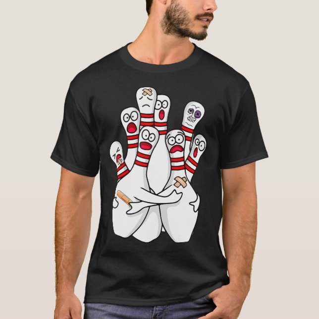 Cartoon Bowling Scared Bowling Pins Funny Sport Bo T-Shirt (Front)