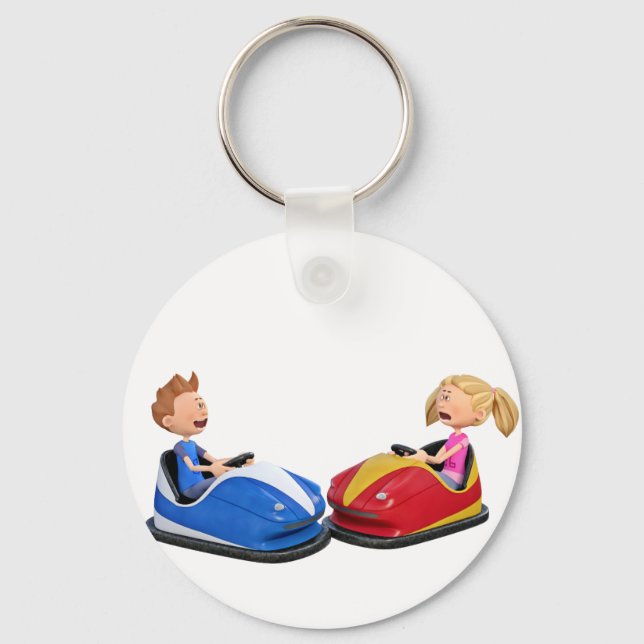 Cartoon boy and girl in Bumper Cars Key Ring (Front)