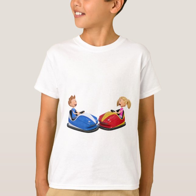 Cartoon boy and girl in Bumper Cars T-Shirt (Front)