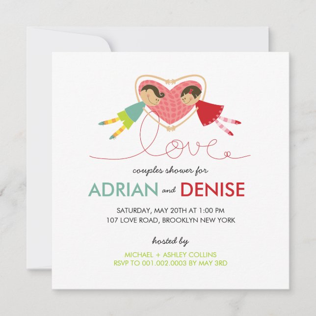 Cartoon Boy Girl Love Heart Couples Wedding Shower Invitation (Front)