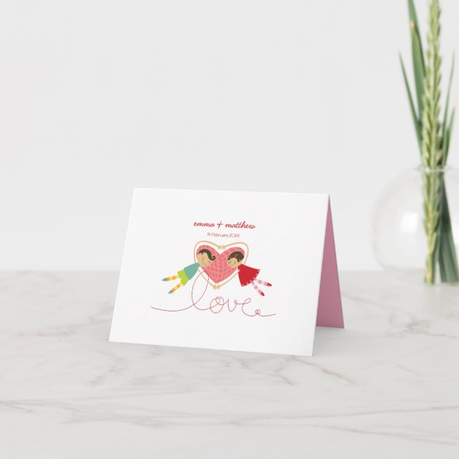 Cartoon Boy Hearts Girl Loopy Love Cute Thank You Card (Front)