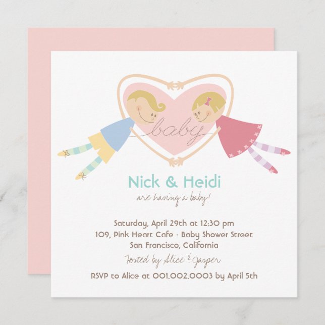 Cartoon Boy Hearts Girl Love Couples Baby Shower Invitation (Front/Back)