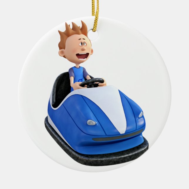 Cartoon boy in a bumper car ceramic tree decoration (Front)