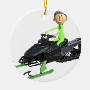 Cartoon Boy on a Snowmobile Ceramic Tree Decoration