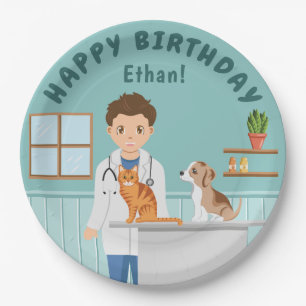 Cartoon Boy Veterinarian Teal Happy Birthday Paper Plate